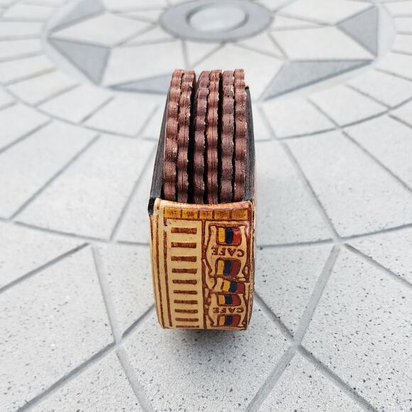 Colombia Folk Art Handcrafted Leather Bus Scalloped Coaster Holder Souvenir - Picture 3 of 11